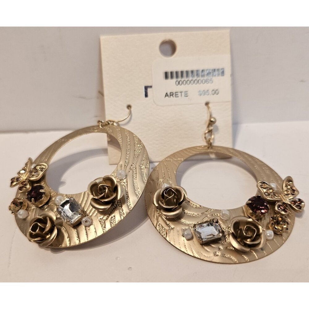 Large Hoop Earrings With Gems Roses And Butterfly's New With Tags